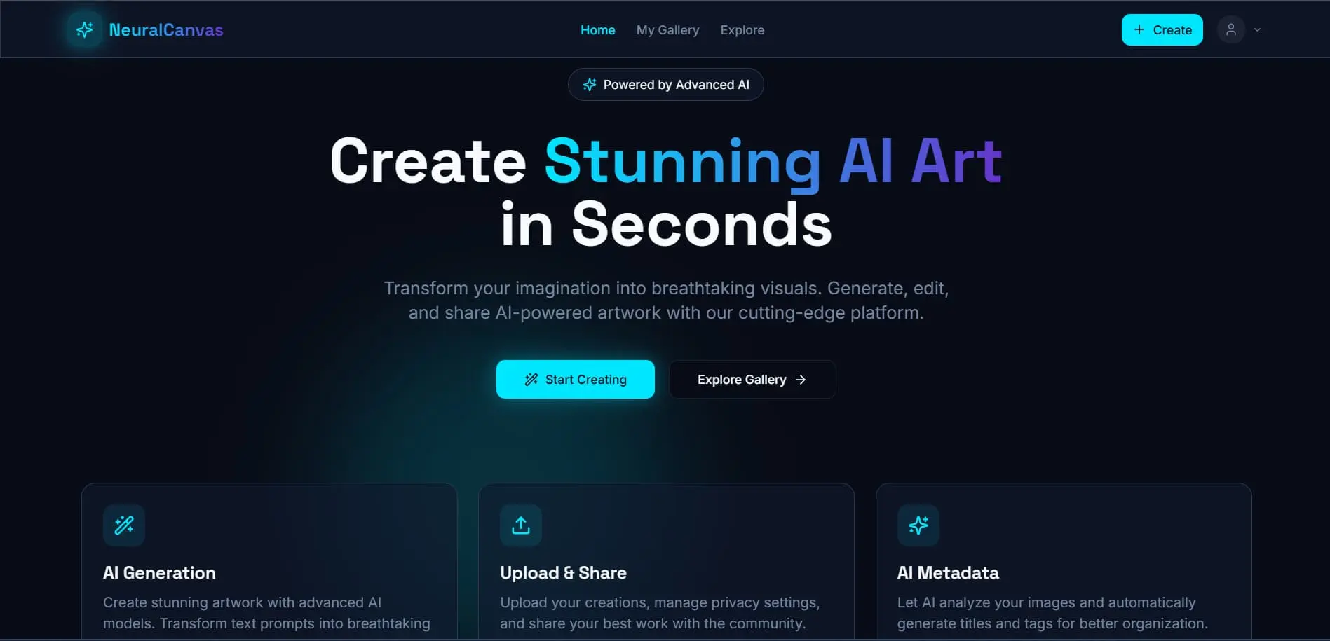 Neural Canvas Gallery - 3D AI Art Web App Frontend Built with HTML CSS JS by Saurabh